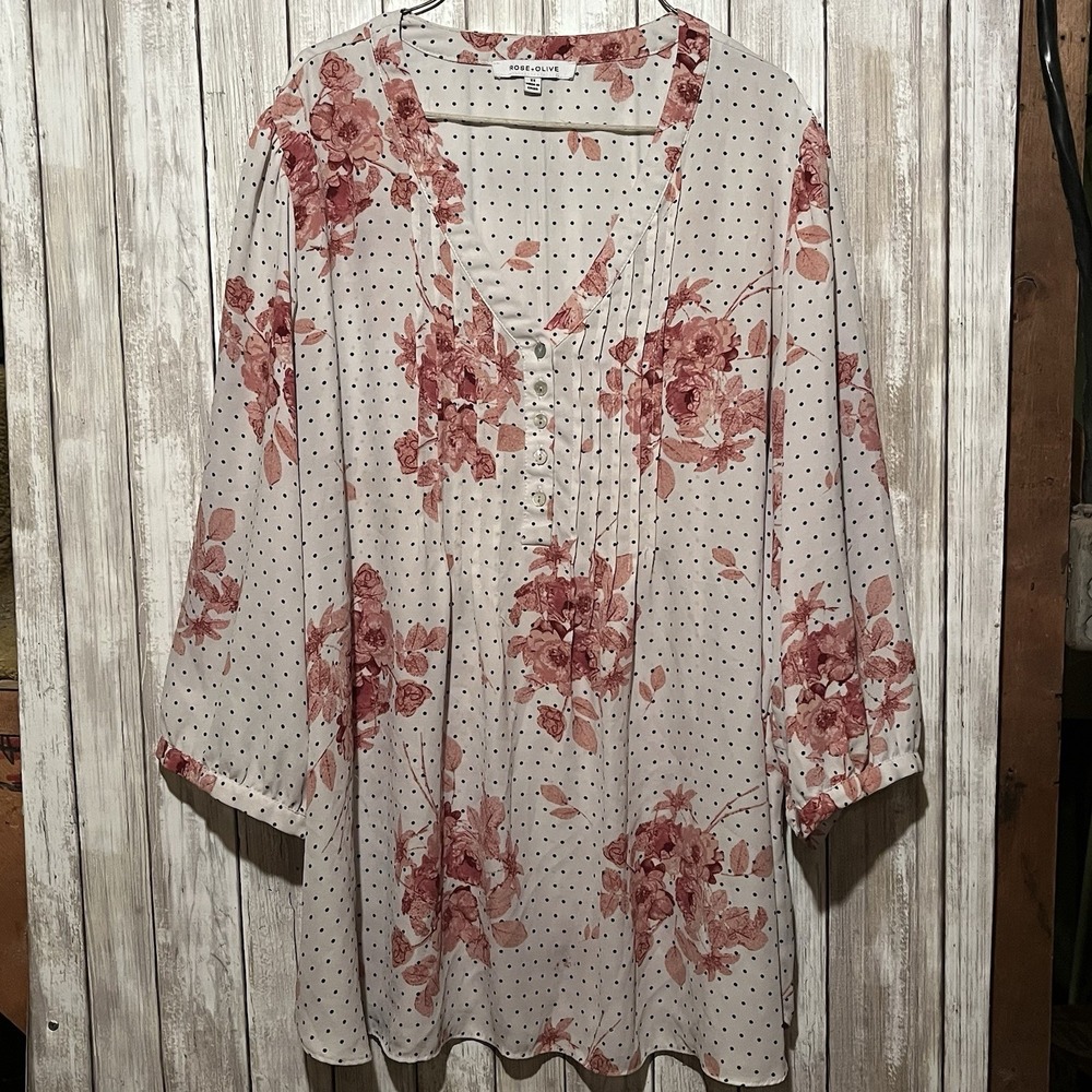 Rose Olive Top 3X White Pink Floral Polka Dot Popover Tunic‎ Flowy Romantic Work